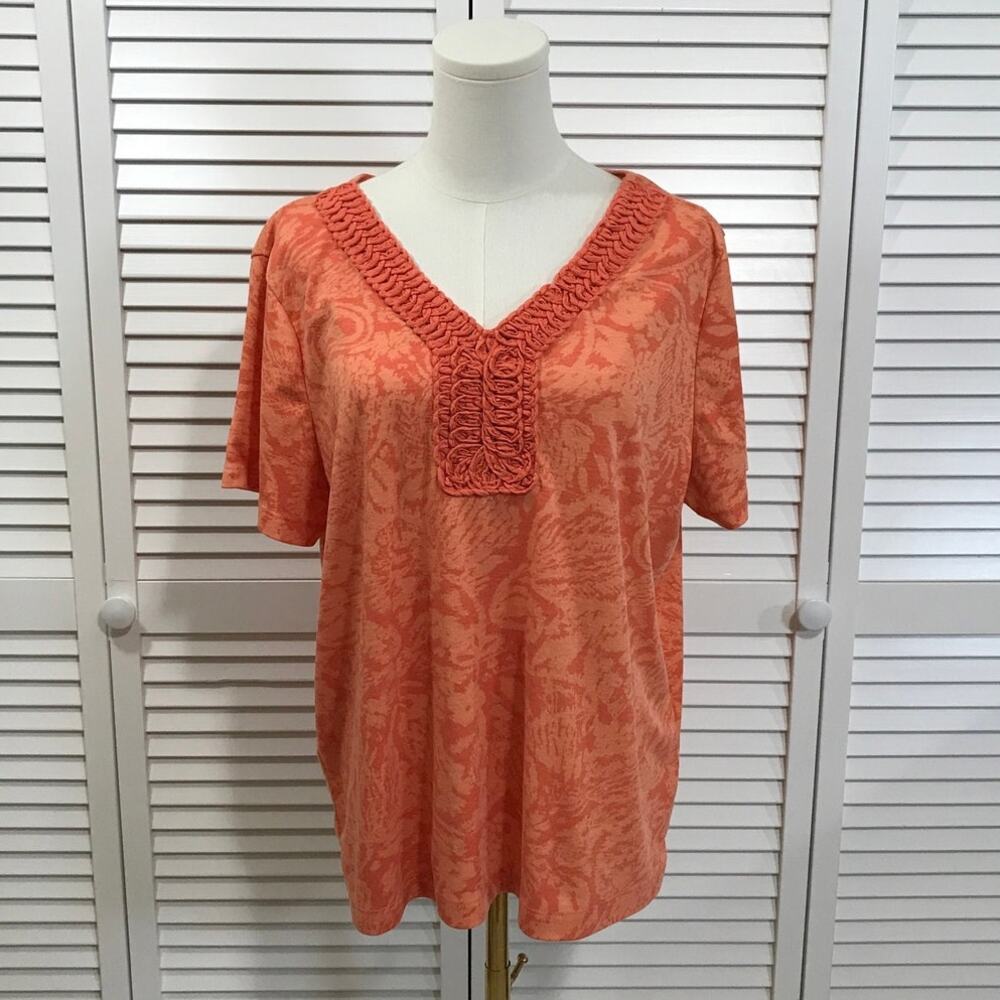 Rebecca Malone Boho Cottage Y2K  Coral Floral Braid Trim Blouse XL